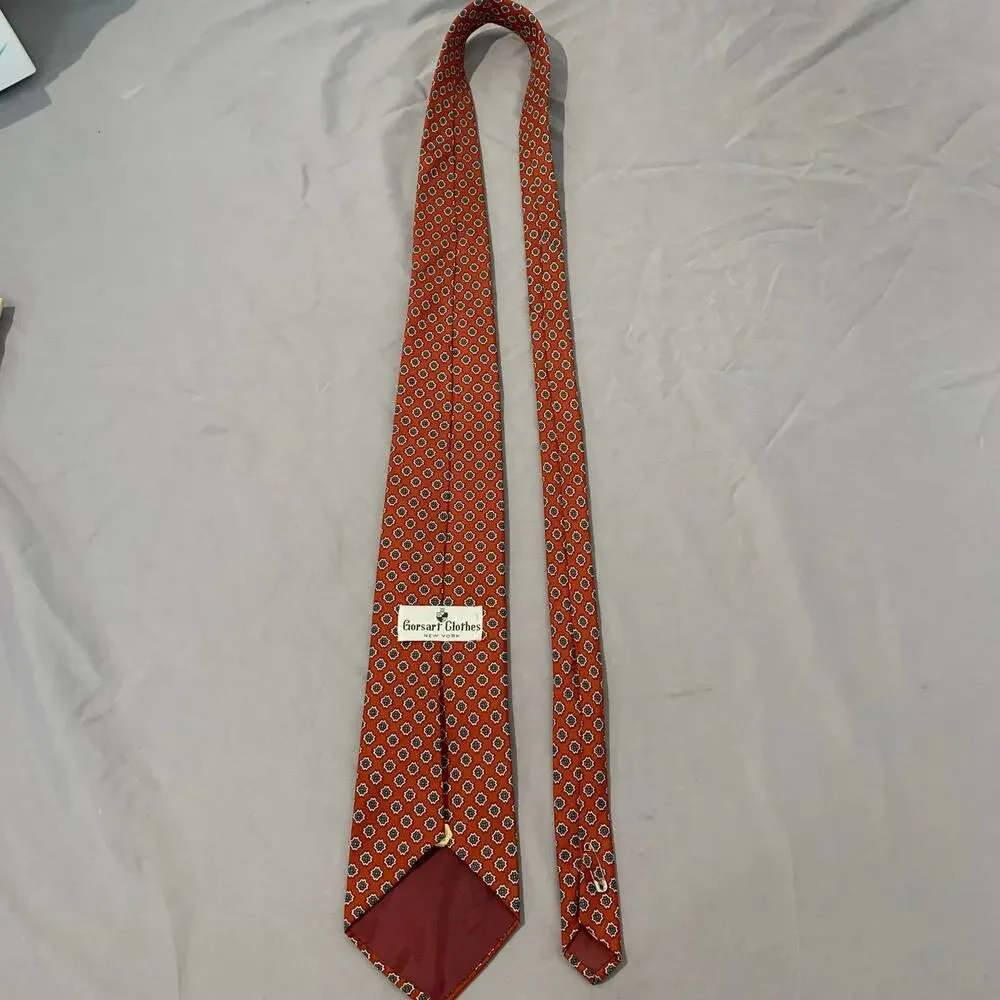 Vtg Gorsart Clothes New York 100% Silk Geometric Medallion Necktie Rust Orange
